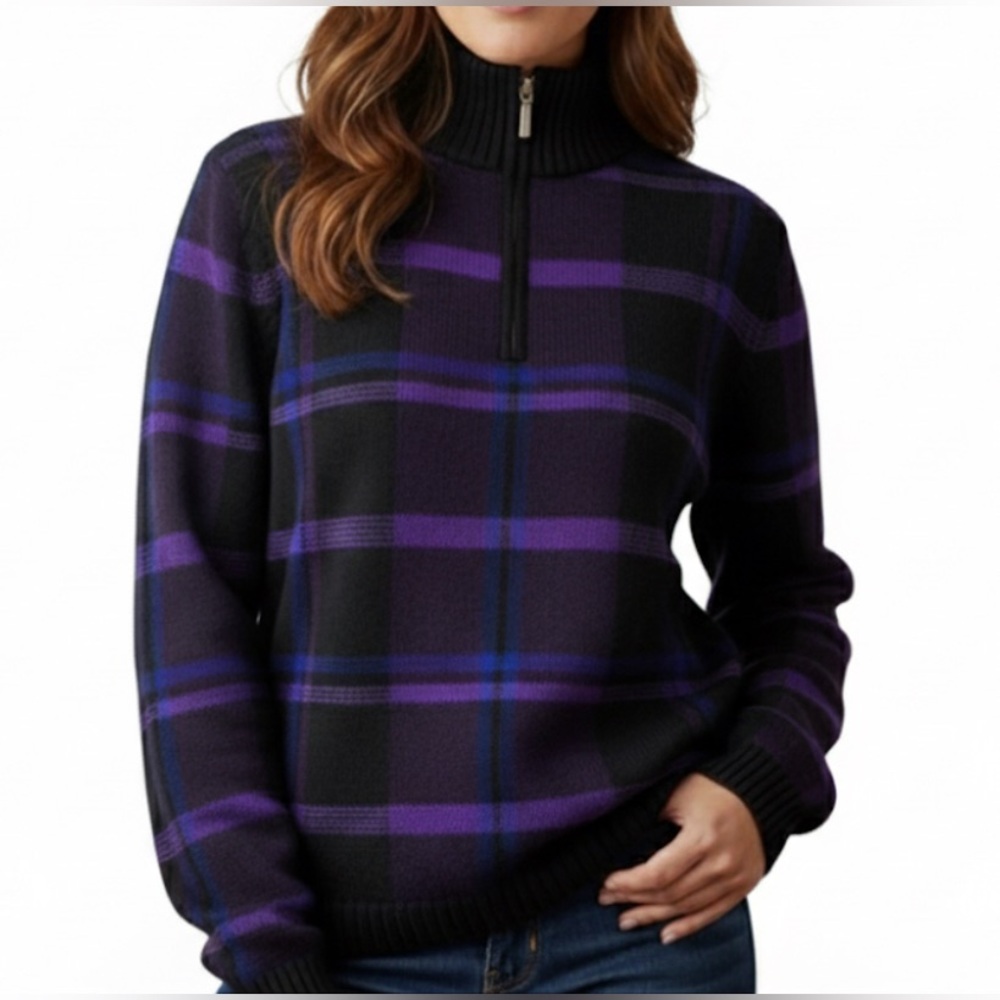 Vintage Lauren Ralph Lauren Purple/Black Plaid 1/4 Zip Mock Neck Sweater XL